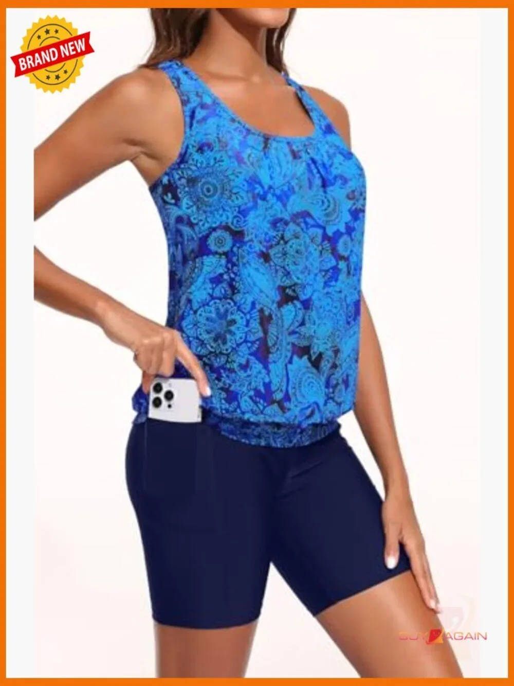 Tankini with Boy-Leg Shorts Blouson Athletic Bathing Suit 2 Piece